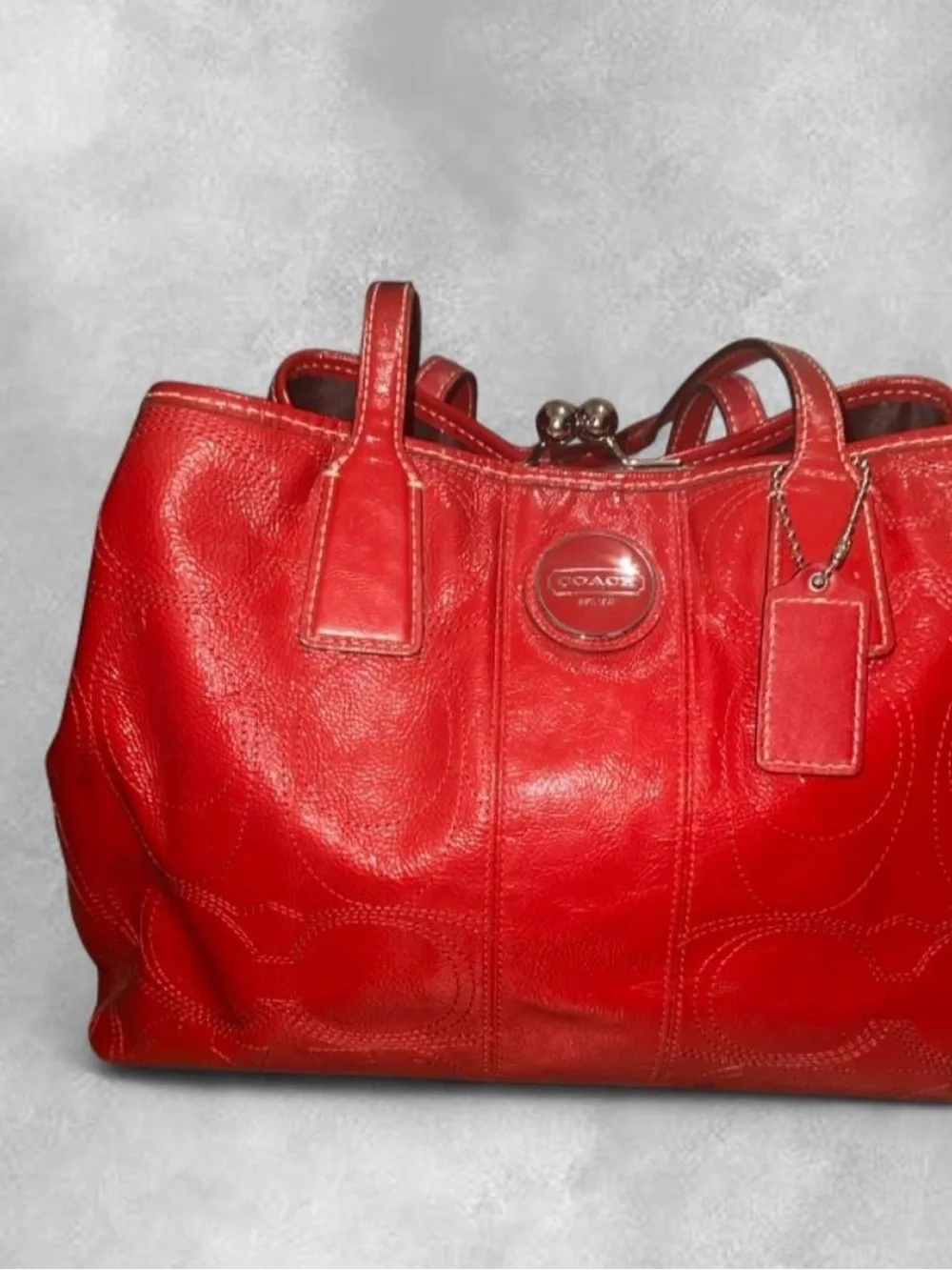 Vintage Y2K Coach Red Patent Leather Kiss Lock Carryall Tote Shoulder Bag F15658